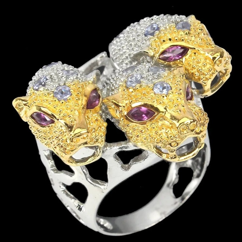 Garnet, tanzanite & sterling 3 headed tiger ring